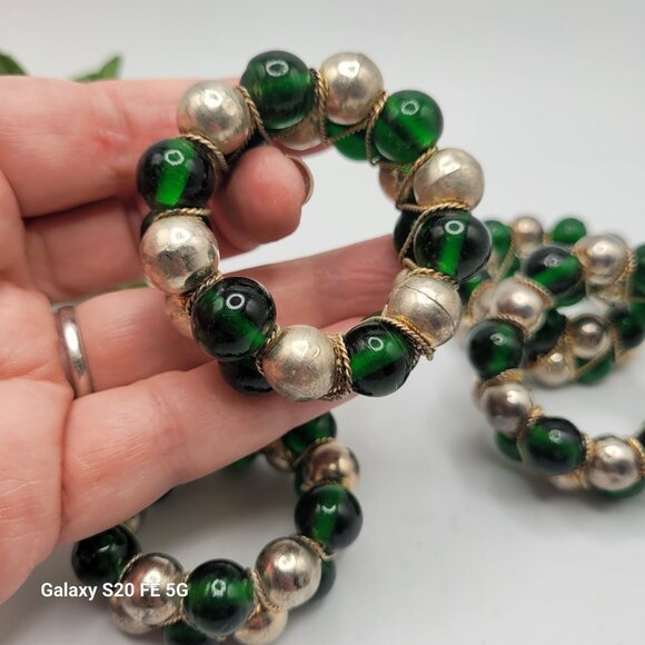 Green Glass and Metal Beaded Napkin Rings Set of - Picture 5 of 12